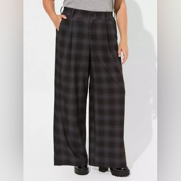 Torrid Wide Leg Black Gray Plaid Pants High Rise Size 22 Tall New NWT Stretch - Picture 3 of 11